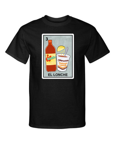 El Lonche The Lunch Hot Sauce Valentina Sopa Soup Loteria Mexican Bingo Style Graphic Tee Shirt