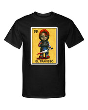 El Travieso Chucky Childs Play Loteria Mexican Bingo Style Graphic Tee Shirt