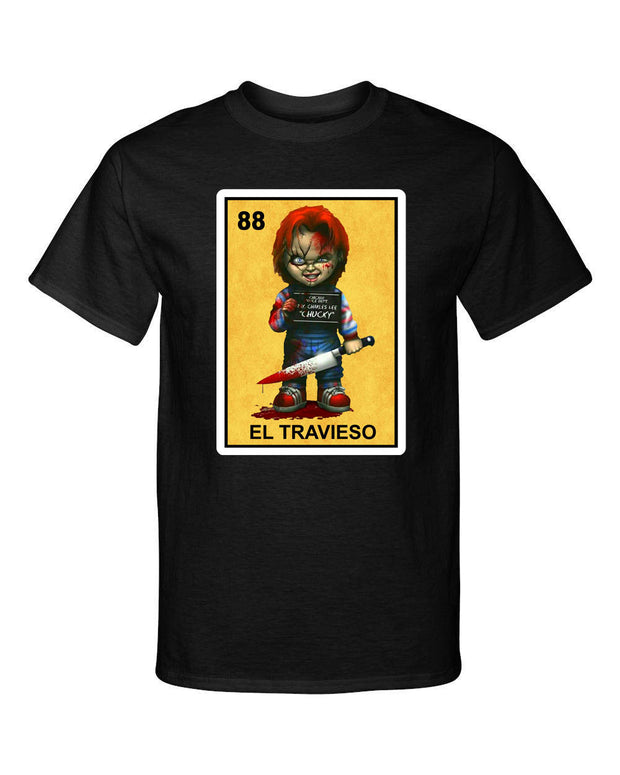 El Travieso Chucky Childs Play Loteria Mexican Bingo Style Graphic Tee Shirt