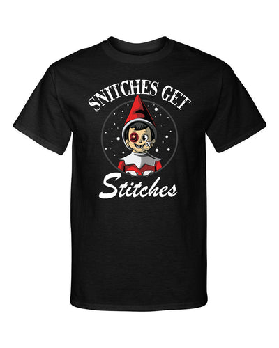 Snitches Get Stitches Bruised Elf Christmas Xmas Funny Graphic Tee Shirt